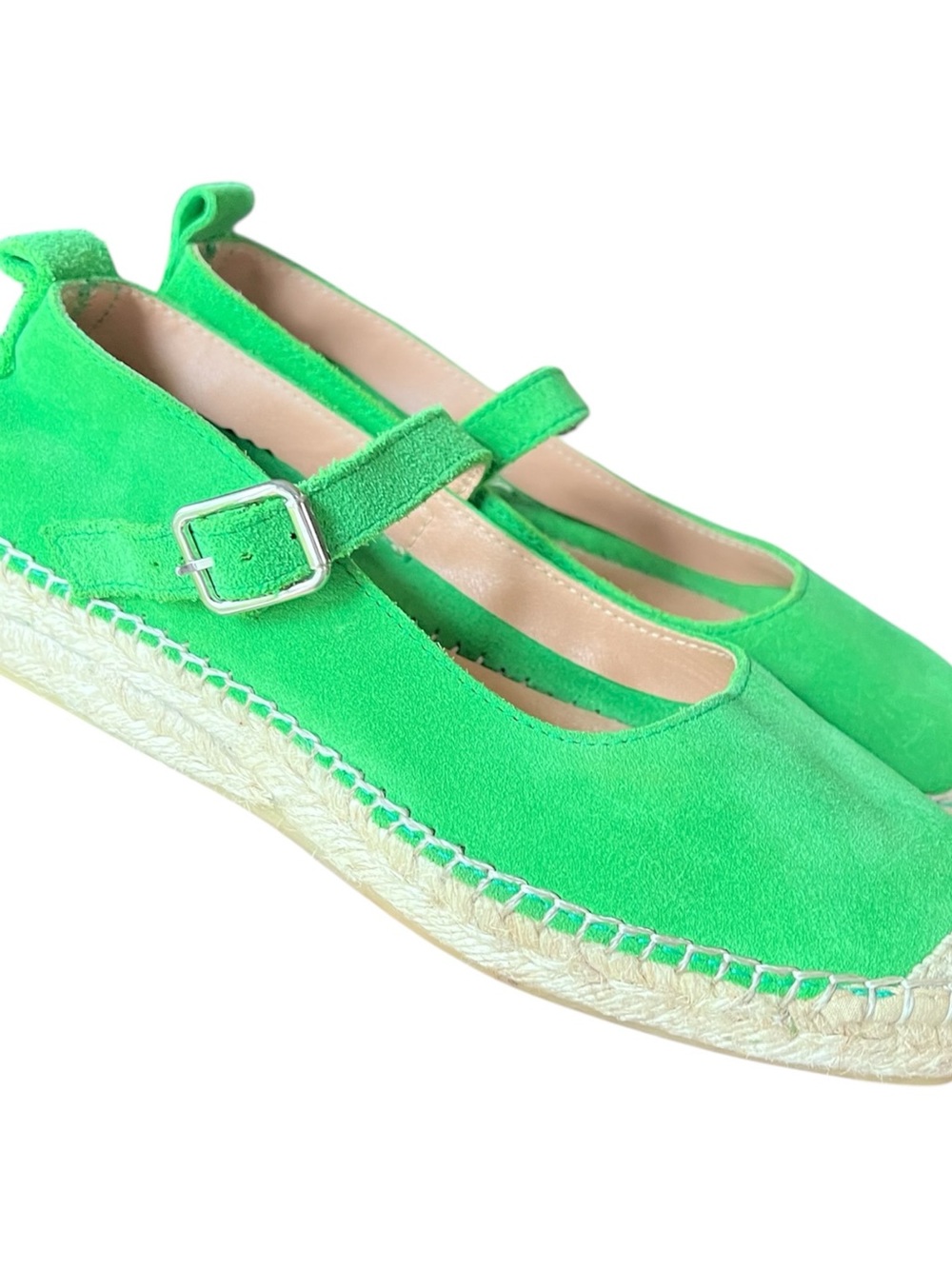 FABIOLAS Handmade In Spain Green Suede Mary Jane Espadrille Flats Size 38 US 7.5